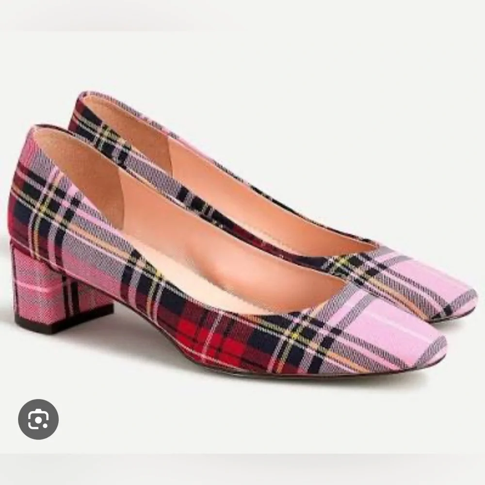JCrew Kate Tartan Block Heel Pump Cherry Neon Bubblegum Pink Runs Small 8.5 NWOB